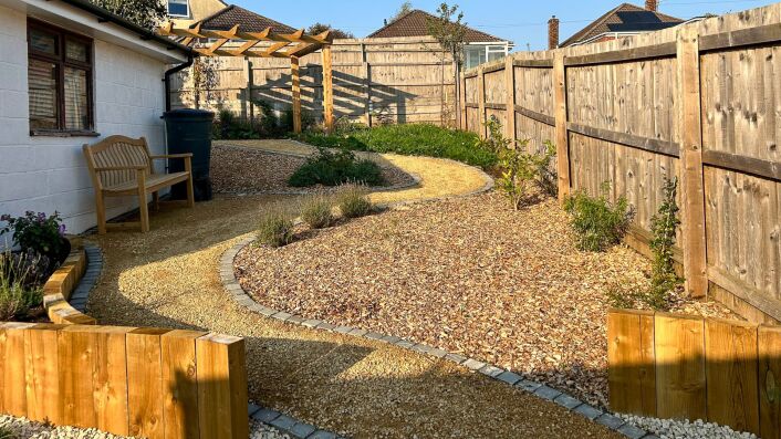 Low-maintenance garden transformation in Salisbury with gravel paths and planting